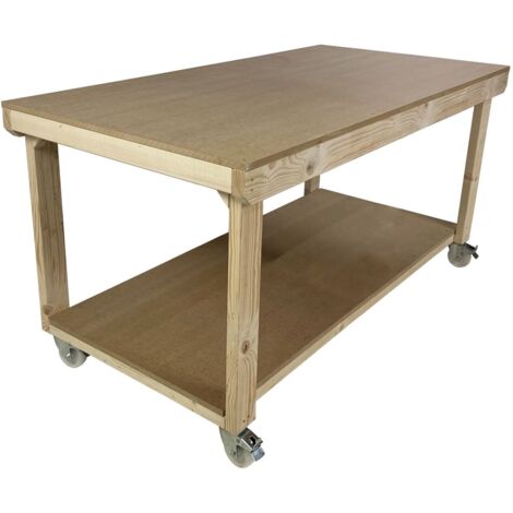 Workbench MDF top, large heavy-duty table (H-90cm, D-90cm, L-150cm) with wheels