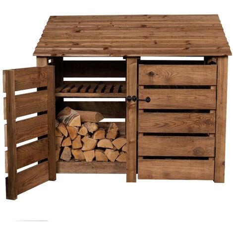 Slatted wooden log store with door and kindling shelf W-146cm, H-126cm, D-88cm - brown finish