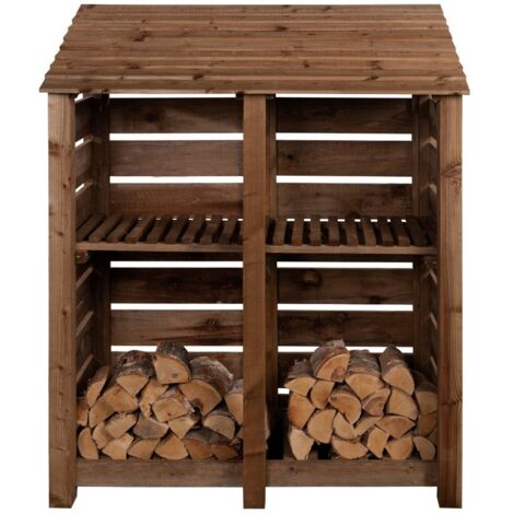 Slatted wooden log store with kindling shelf W-146cm, H-180cm, D-88cm - brown finish