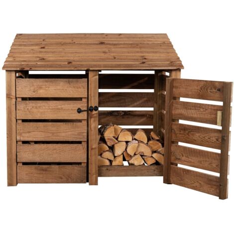 Slatted wooden log store with door W-146cm, H-126cm, D-88cm - brown finish