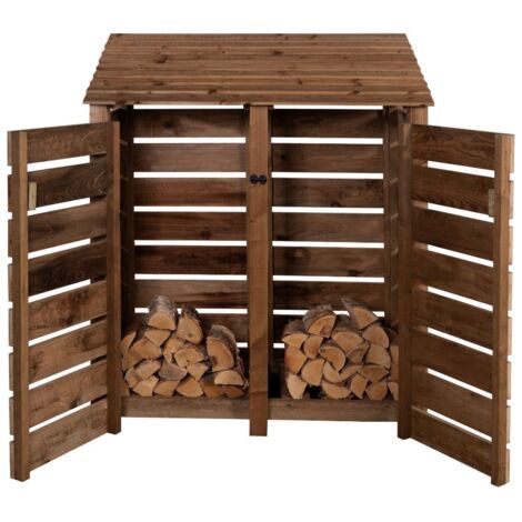 Slatted wooden log store with door W-146cm, H-180cm, D-88cm - brown finish