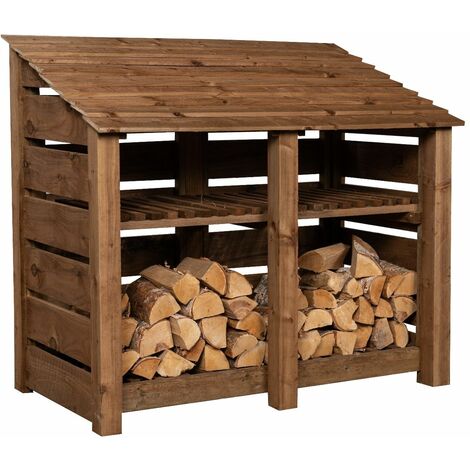 Slatted wooden log store with kindling shelf W-146cm, H-126cm, D-88cm - brown finish