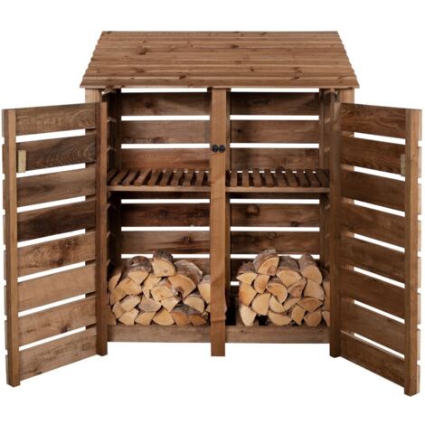 Slatted wooden log store with door and kindling shelf W-146cm, H-180cm, D-88cm - brown finish