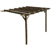 Lean to wooden garden pergola kit - Sculpted design wall mounted gazebo, 2.4m x 2.4m (Rustic brown finish)