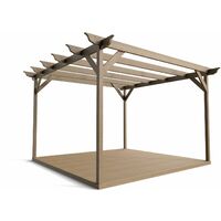 Timber Pergola and Decking Complete DIY Kit, Longhorn design (3.6m x 3.6m, Rustic brown finish)