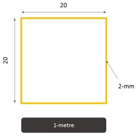 Tube inox carré 304/304L - 1 metre, Dimension - 20 x 20 mm, Epaisseur 2 mm