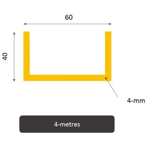 Profilé aluminium U 6060 brut - 4 metres, Dimension - 40 x 60 x 40 mm, Epaisseur 4 mm