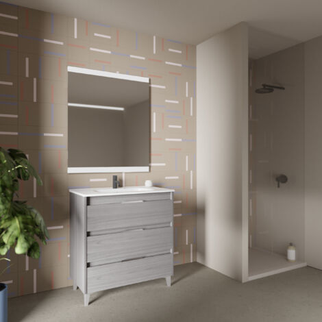 SUKI 60 Meuble simple vasque avec trois tiroirs, effet Gris sablé Il comprend la vasque en céramique. (Sans miroir) (1/4)