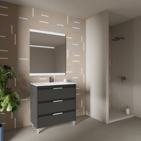 SUKI 60 Meuble simple vasque avec trois tiroirs, effet Anthracite brillant Il comprend la vasque en céramique. (Sans miroir)