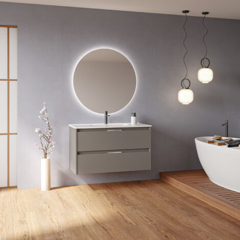 SUKI 100 Meuble simple vasque avec deux tiroirs, effet Fumé sablé Il comprend la vasque en céramique. (Sans miroir)