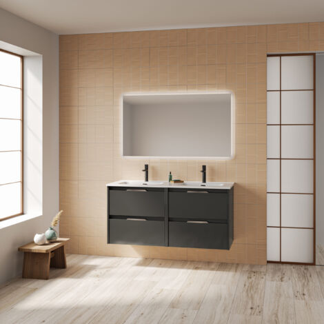 SUKI 120 Meuble double vasque SUKI 120 avec quatre tiroirs, effet Anthracite brillant Il comprend la vasque en céramique. (Sans miroir)