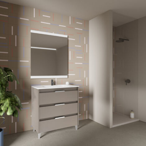 Meuble de salle de bain simple vasque 60 cm – 3 tiroirs – Panneau laqué anthracite brillant – Lavabo céramique blanc – Fermeture douce – Amizuva (1/4)