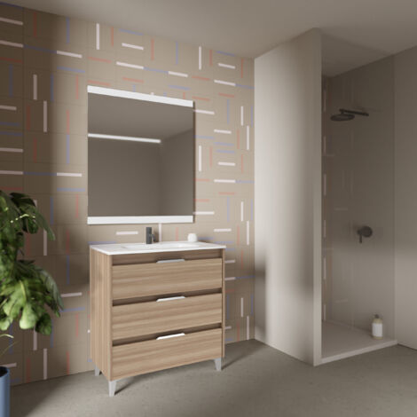 SUKI 80 Meuble simple vasque avec trois tiroirs, effet noyer sablé Il comprend la vasque en céramique. (Sans miroir) (1/4)