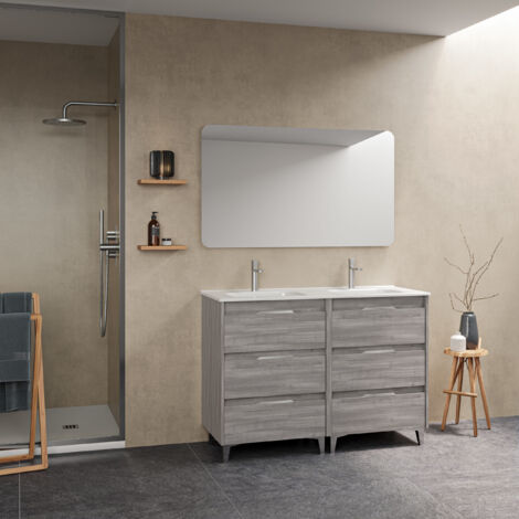 SUKI 120 Meuble double vasque avec six tiroirs, effet Gris sablé Il comprend la vasque en céramique. (Sans miroir) (1/4)