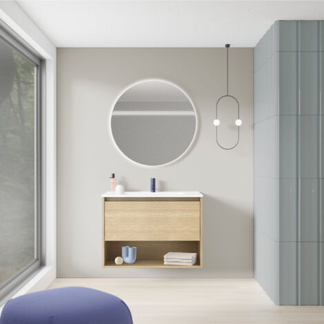 NIWA 60 Meuble et vasque avec un tiroir et un niche, effet chêne sablé. (Sans miroir). (1/4)
