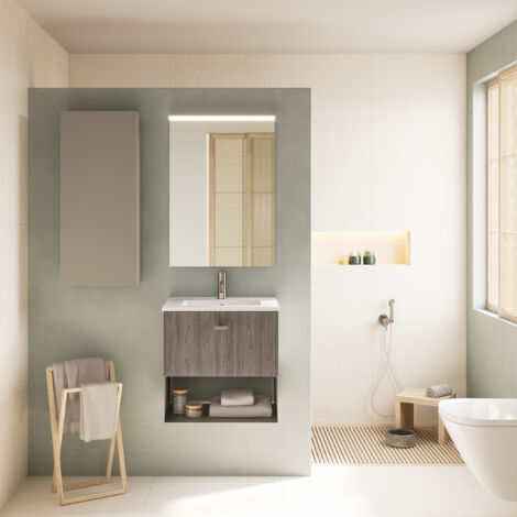 MEI 60cm Meuble et vasque avec un tiroir et un niche, Orme Gris. (Avec mirroir) (1/3)