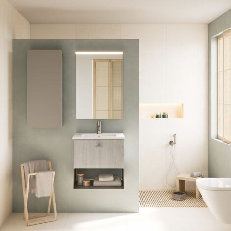 MEI 50cm Meuble et vasque avec un tiroir et un niche, effet Chêne Blanc. (1/3)