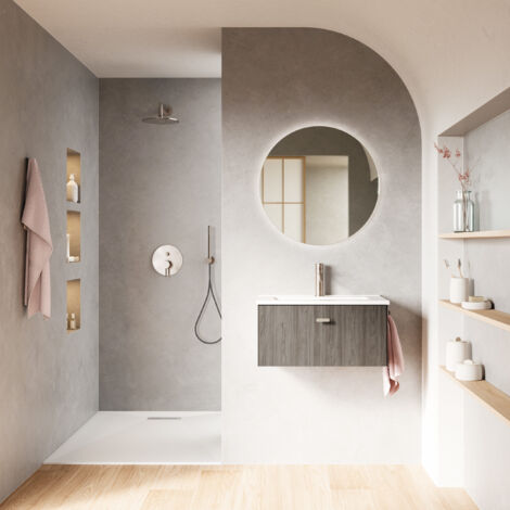MEI 60 Meuble et vasque avec un tiroir, effet Orme Gris. (Avec miroir) (1/3)