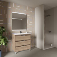 SUKI 60 Meuble simple vasque avec trois tiroirs, effet noyer sablé Il comprend la vasque en céramique. (Sans miroir)
