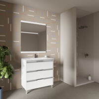 SUKI 80 Meuble simple vasque avec trois tiroirs, effet blanc brillant Il comprend la vasque en céramique. (Sans miroir)