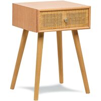 Table de chevet scandinave en bois massif – Tiroir en rotin – Dimensions 40x36x64 cm – Finition effet chêne – Pour chambre ou salon – Nordlys