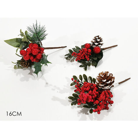 RAMO DECORATIVO GENERAL TRADE CON PIGNA E BACCHE ROSSE 16 CM (1PZ)