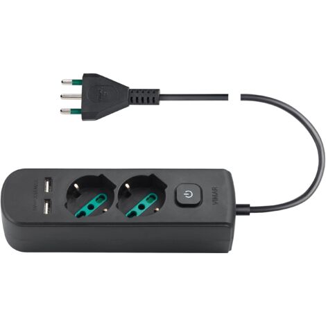Vimar 0R00625.CC Presa multipla con interruttore e cavo da 1,5 m, 2 universale standard italiano, 2 uscite SICURY USB A, spina nero