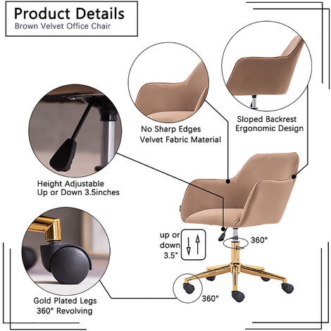 Office Chair Modern Velvet Light Coffee Material Adjustable Height 360 revolving Home with Gold Metal Legs and Universal Wheel for Indoor
