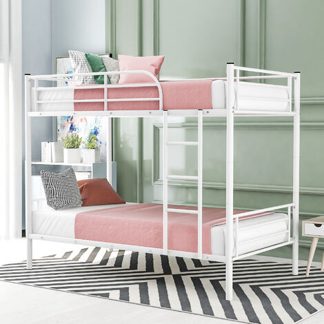Single Bunk Bed 2 x 3 FT Metal Bed Frame Solid High Sleeper Bedstead split to 2 beds for Kids/Teenagers/Adults in White 90*190 cm
