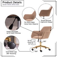 Office Chair Modern Velvet Light Coffee Material Adjustable Height 360 revolving Home with Gold Metal Legs and Universal Wheel for Indoor
