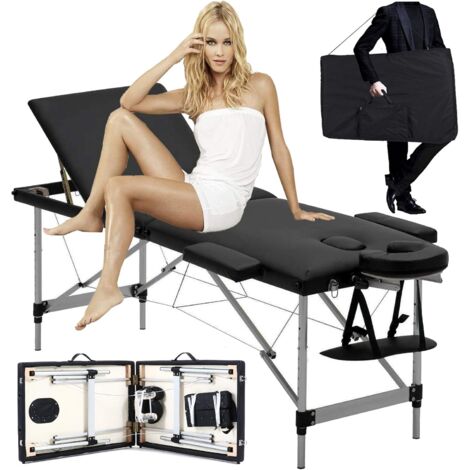 Kostenlose Tragetasche Professioneller Massagetisch, Schönheitscouch, Aluminiummaterial, leicht, tragbar, 3-teilig, für die Therapie, Behandlung, Reiki-Salon, Heilung, schwedische Massage, Schwarz, 50