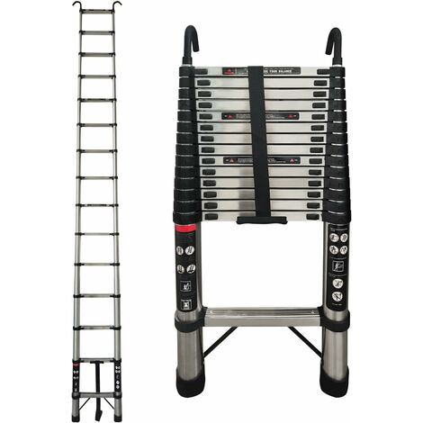 4,4M Teleskopleiter mit Haken Edelstahl Leiter Klappleiter Ausziehleiter Stehleiter Rutschfester, Teleskop-Design, aus hochwertigem Edelstahl , Tragbar, Leichte, 150 kg Belastbarkeit EN131
