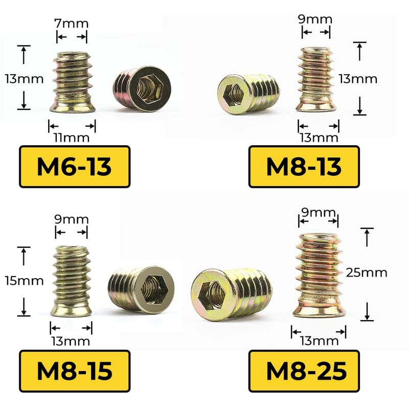 Inserts filetés M8 8mm mâle vers M6 6mm femelle, 1948 filetés intérieurs M6  * 1.0 extérieur