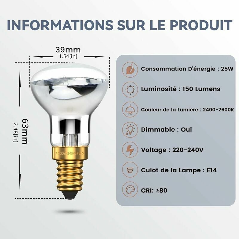 Ampoule E14 12V 25W Dimmable, Blanc Chaud 2700K, 150Lm, Forme T22