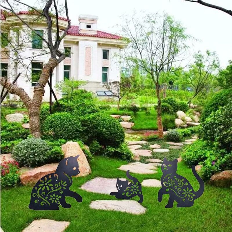 Décoration de Jardin Chat 3pcs,Cat Yard Art Jardin Statues Métalliques Déco,pour  Cour de Patio