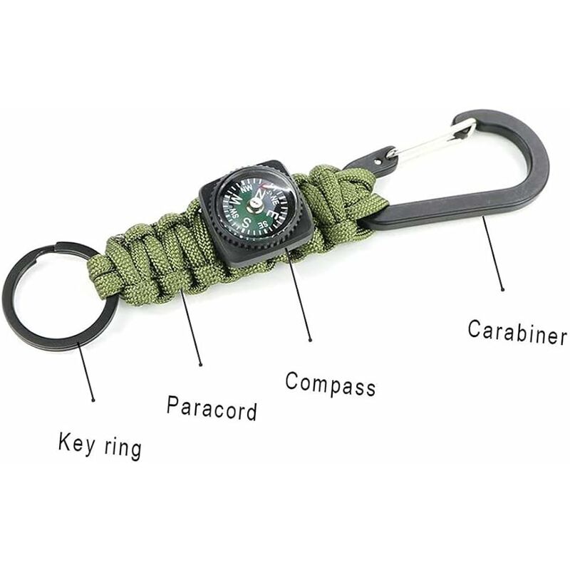 Porte-clés Paracorde avec Boussole et Mousqueton, pour randonnée Camping  activités de Plein air(2 Pcs, Noir + Vert Foncé)