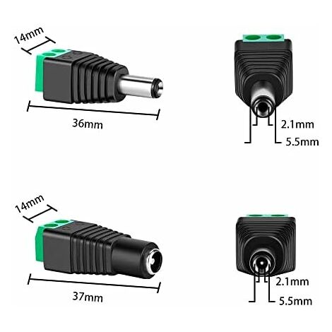 Senven 20Pcs DC d'alimentation Connecteur Mâle/Femelle 2,1 x 5,5 mm Fiche  12V Prise Jack Adaptateurs, pour Prise pour caméra de vidéosurveillance DVR
