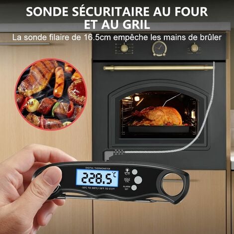 Thermometre Cuisine, Lecture Instantané Thermometre Cuisson Écran LCD avec  102cm Pliable Sonde, Rétroéclairage & Aimant, Thermometre