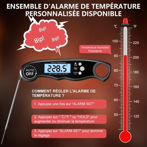 Thermometre Cuisine, Lecture Instantané Thermometre Cuisson Écran LCD avec  102cm Pliable Sonde, Rétroéclairage & Aimant, Thermometre Digital pour
