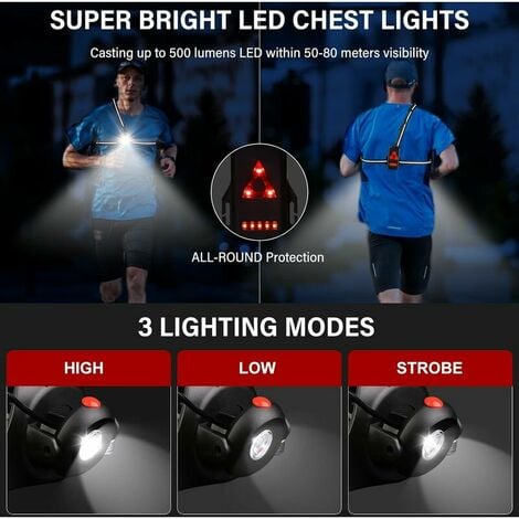 Lampe de Course à Pied, Lampe Poitrine LED Ultra Puissante Réglable à 120°, Lampe  Poitrine Running USB Rechargeable avec 3 Modes d'éclairage, Lampe Pectorale  avec Bandes Réfléchissantes pour Jogging : : Sports