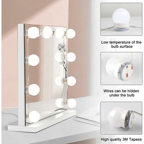 LED Miroir Coiffeuse 10 Ampoules, Lumière 3 Couleurs et 10 Intensités,  Adaptateur et Interrupteur, USB Câble