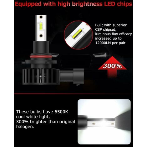 Ampoule HB3 LED, 60W 16000LM 6500K Blanc Phares pour Voiture et Moto, IP65  Étanche Extrêmement Lumineuses