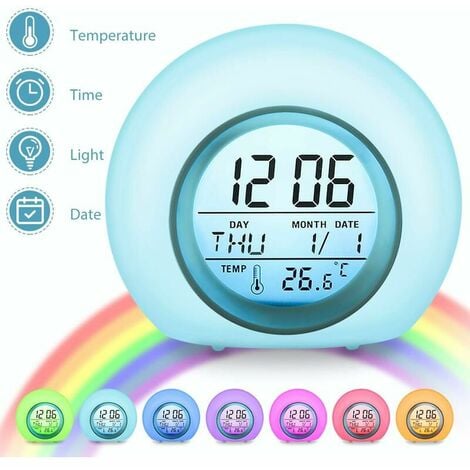 Réveil Numérique Enfant 7 Couleurs Lampe Réveil Enfant avec Calendrier et  Thermomètre, Horloge Créatif Rond Réveil