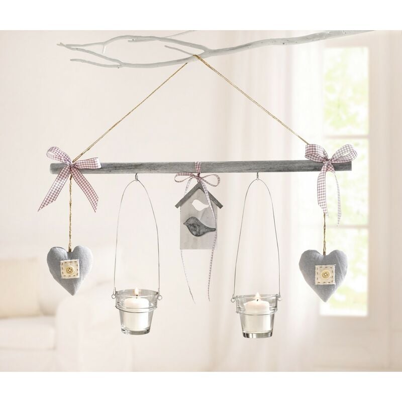 Deko-Hänger grau aus Holz, 2 Glas-Windlichter & 2 Herzen, Teelichthalter
