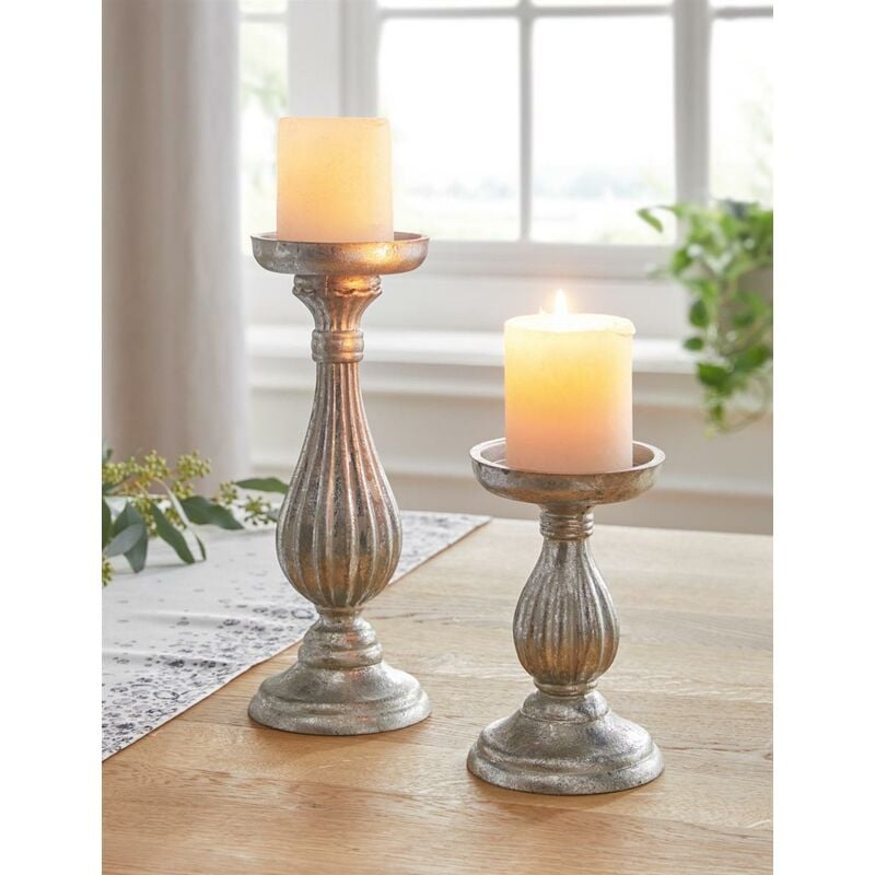 Kerzenhalter Eleganz aus Holz, 2er Set, Kerzenständer, silber, im  Antik-Design