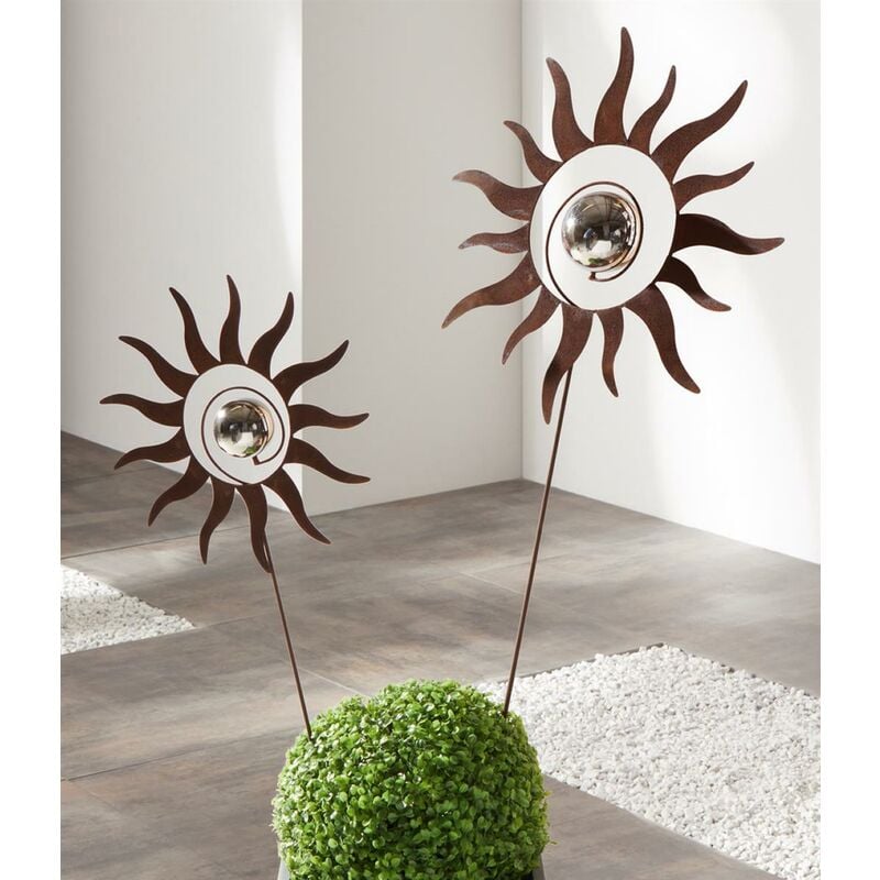 2x Gartenstecker Kugelsonne aus Metall in Rost Optik, 103 & 127 cm hoch,  Dekostecker, Gartendeko für Draußen
