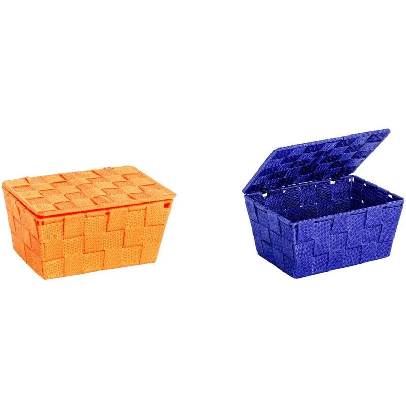 2x WENKO Aufbewahrungskorb Adria mit Deckel, blau + orange, 19x10x14 cm,  Badkorb, Utensilienkorb