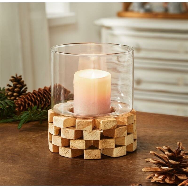 Windlicht Wood aus Holz & Glas, 16 cm hoch, Kerzenständer im Shabby Look,  Windlichtglas auf Holzklötzern, Wohnzimmer Tischdeko