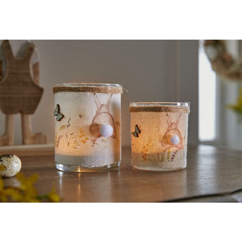 2x Windlicht Puschel aus Glas, mit Hasen Motiv auf Jute Stoff,  Kerzenhalter, Teelichthalter, Windlichtglas, Teelichtgläser