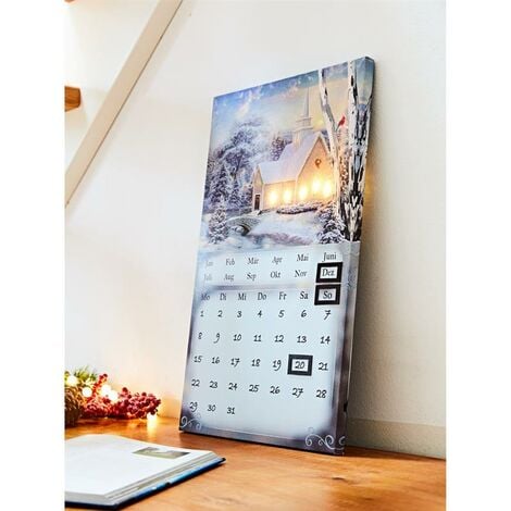 LED Kalender "Winterkirche" Wandbild mit Beleuchtung, 30x50 cm 